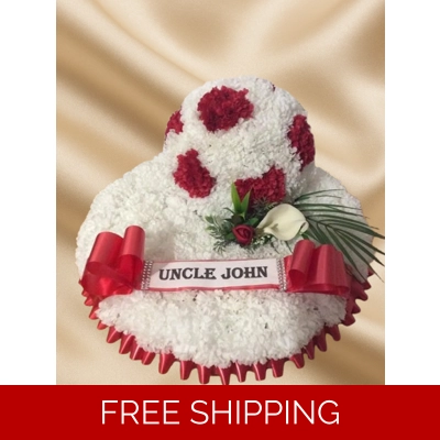 Red and White Football Funeral Tribute – Artificial Flower Memorial Arrangement